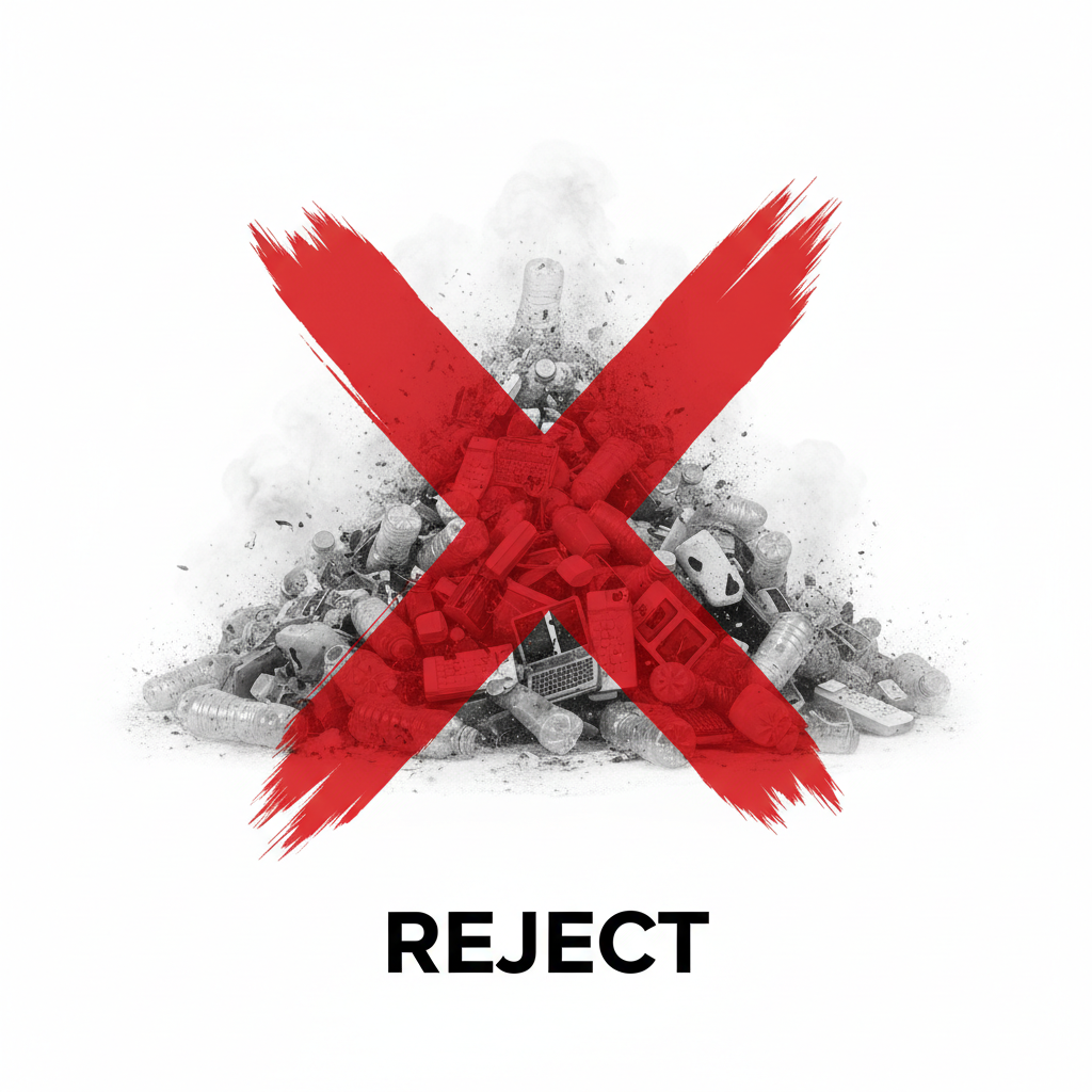 Red 'X' over a pile of rubble with 'REJECT' text on a white background